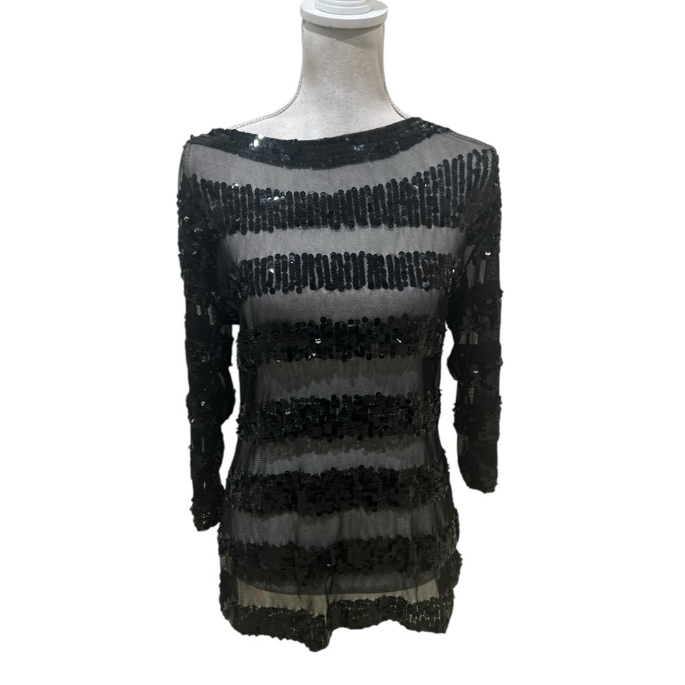 AZI jeans Black Sequin mesh sheer stretch stripes long sleeved top size large